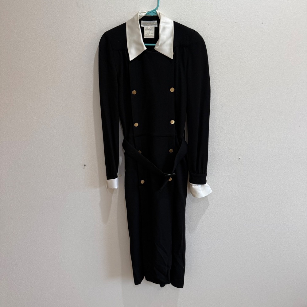 Vintage Carven Boutique Paris Black Wool Double Breasted Belted Dress Size 8